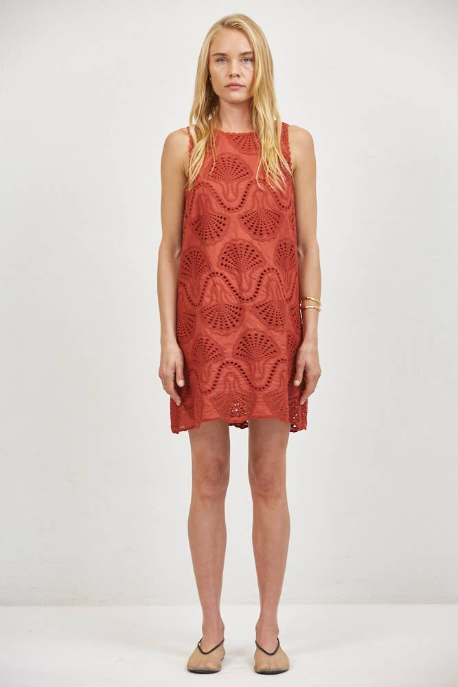Clay Fan Eyelet Mini Dress