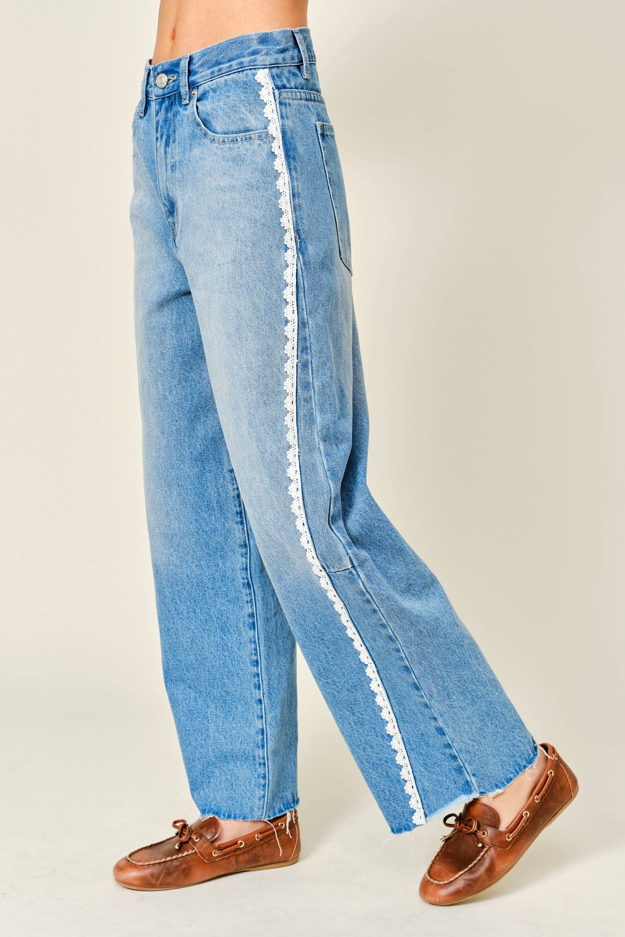 Lace Side Denim Barrel Pants