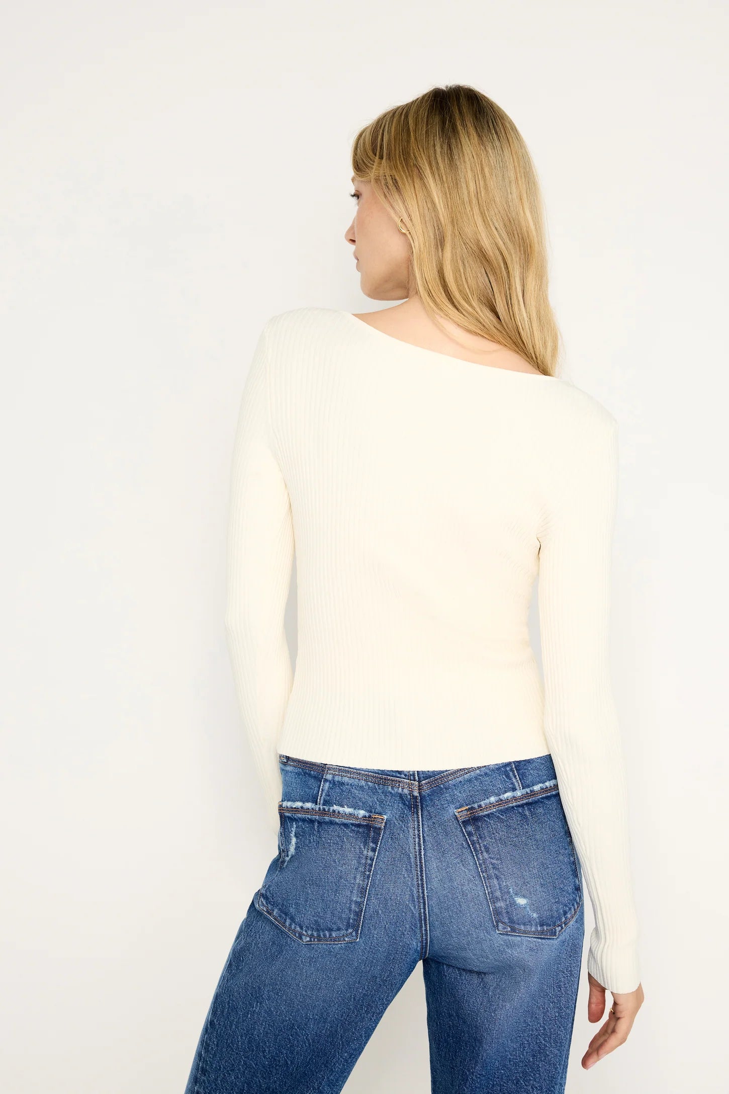 Stretch Rib Knit Sweater in Warm Ivory
