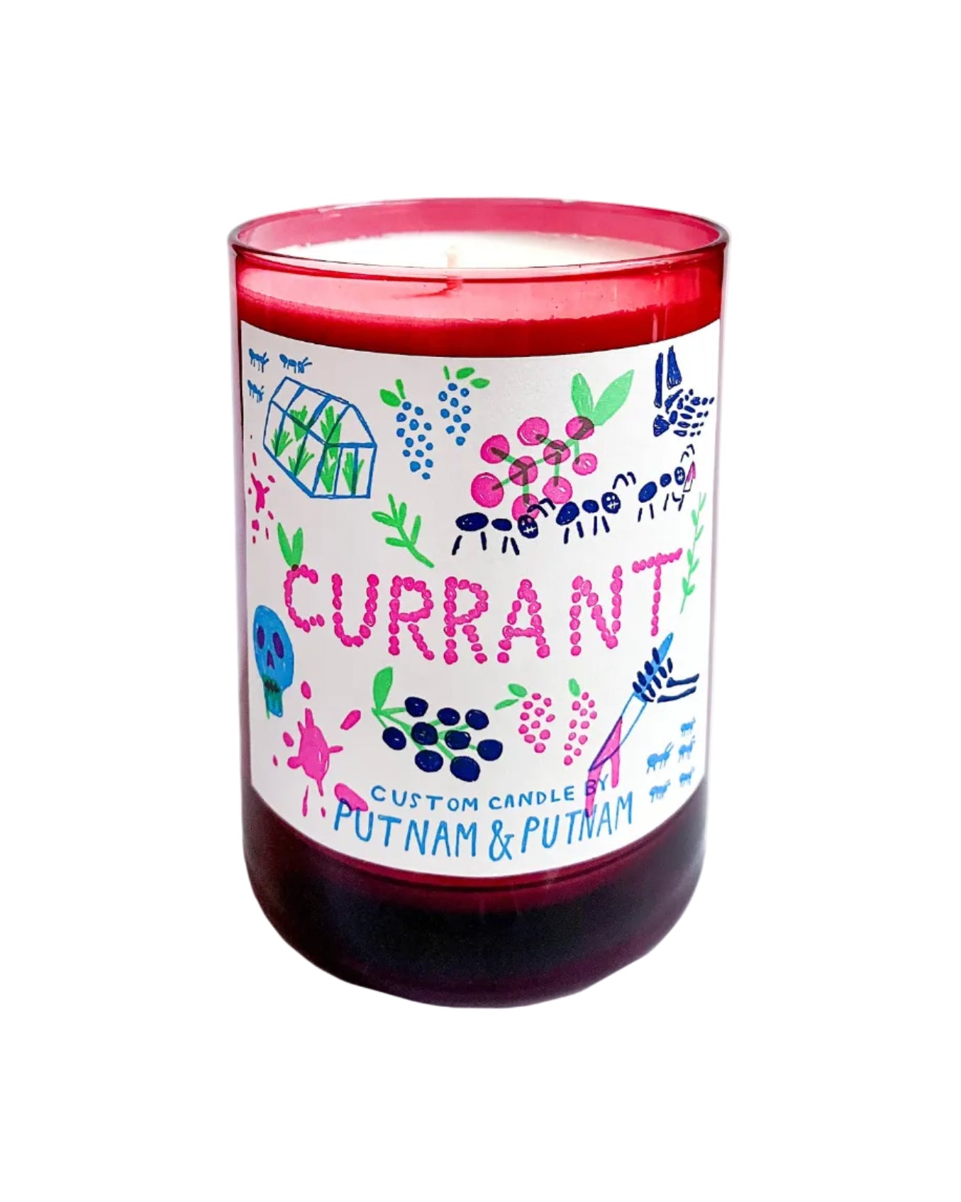 Candle with colorful label and red lid on a white background
