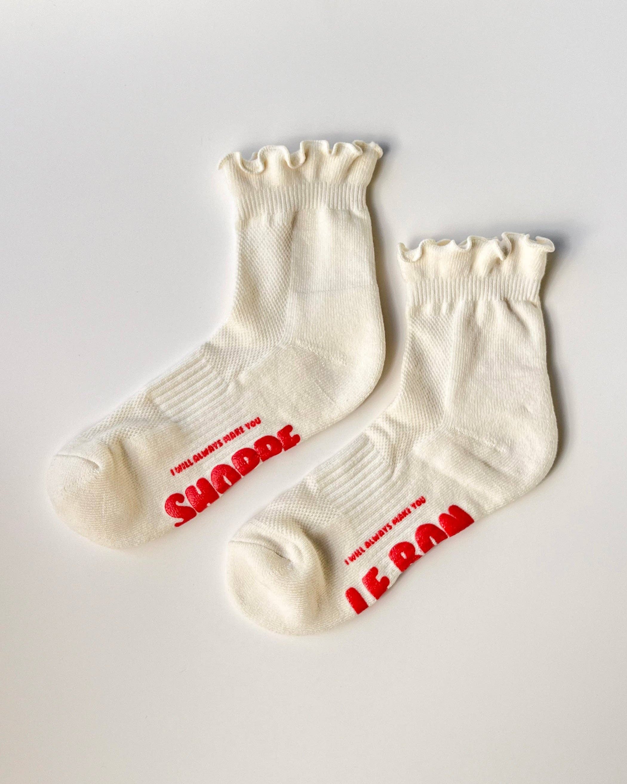 Ruffled Hugger Crew Socks in Vanilla Red