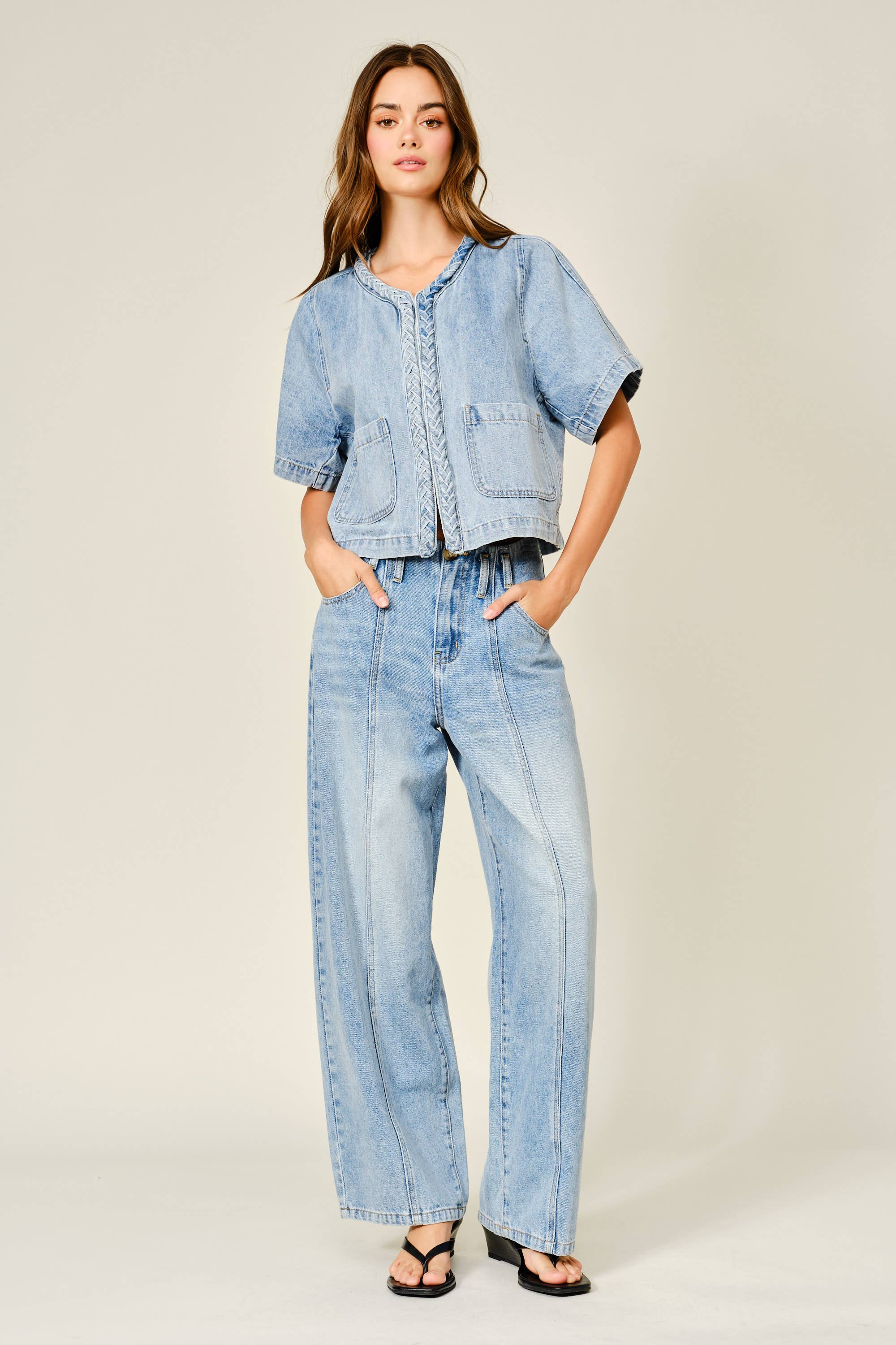 Braided Detail Denim Cardigan Top