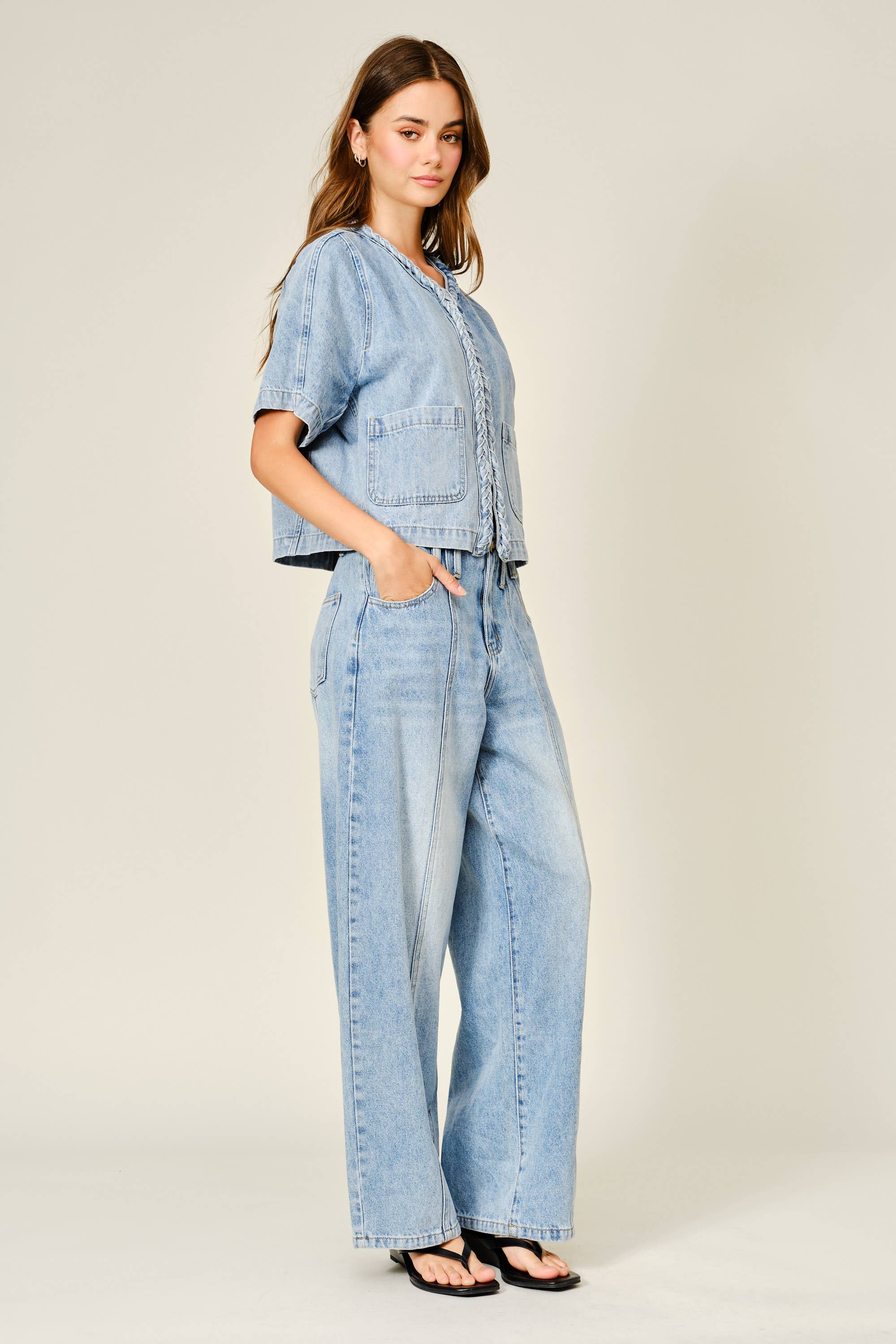 Braided Detail Denim Cardigan Top