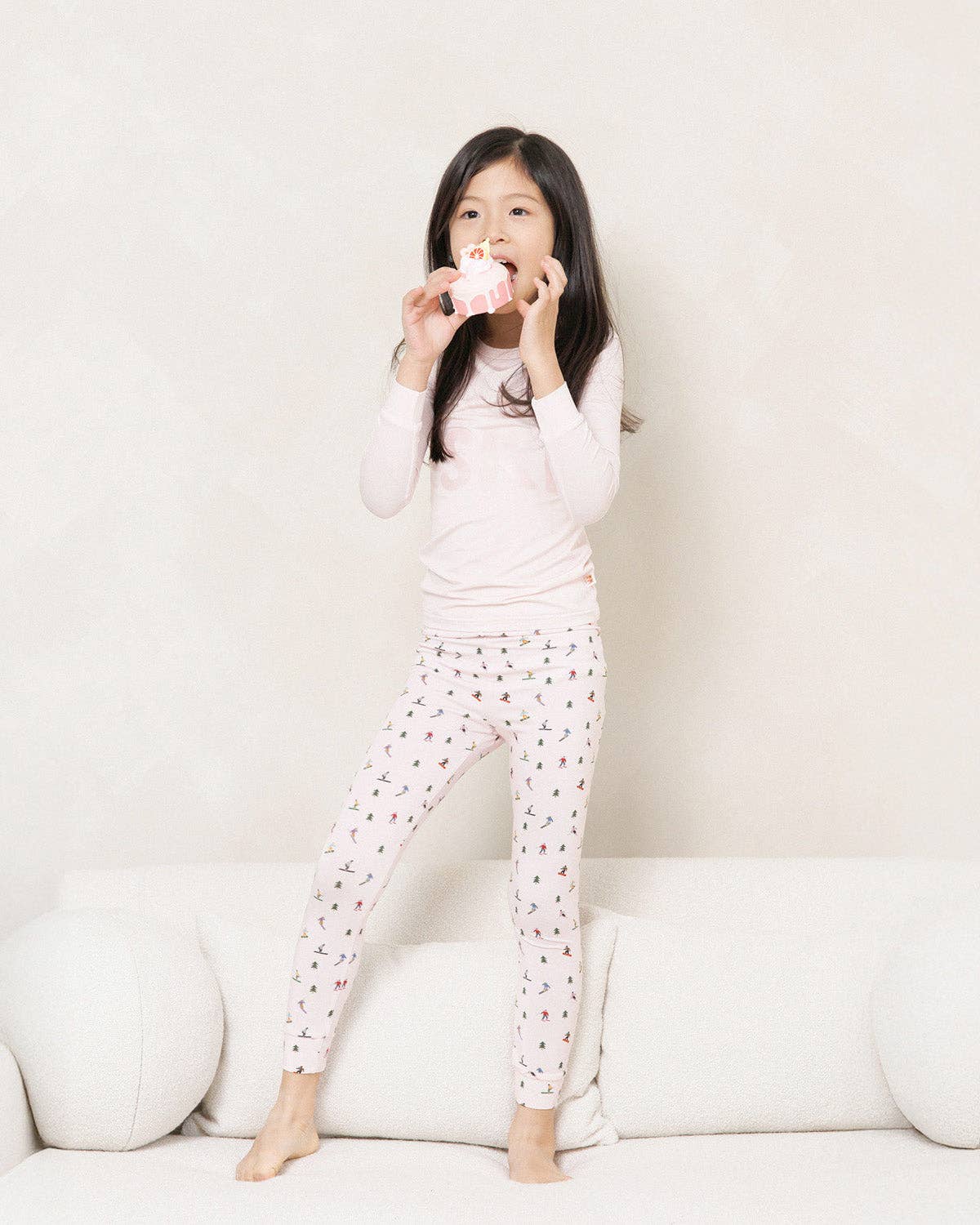 Kids Bamboo LS Printed PJs Set | Pink Ski