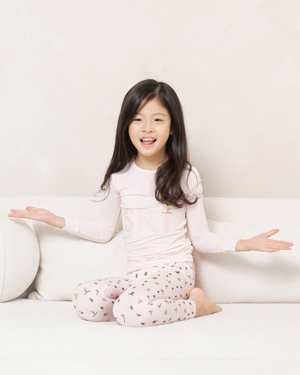 Kids Bamboo LS Printed PJs Set | Pink Ski