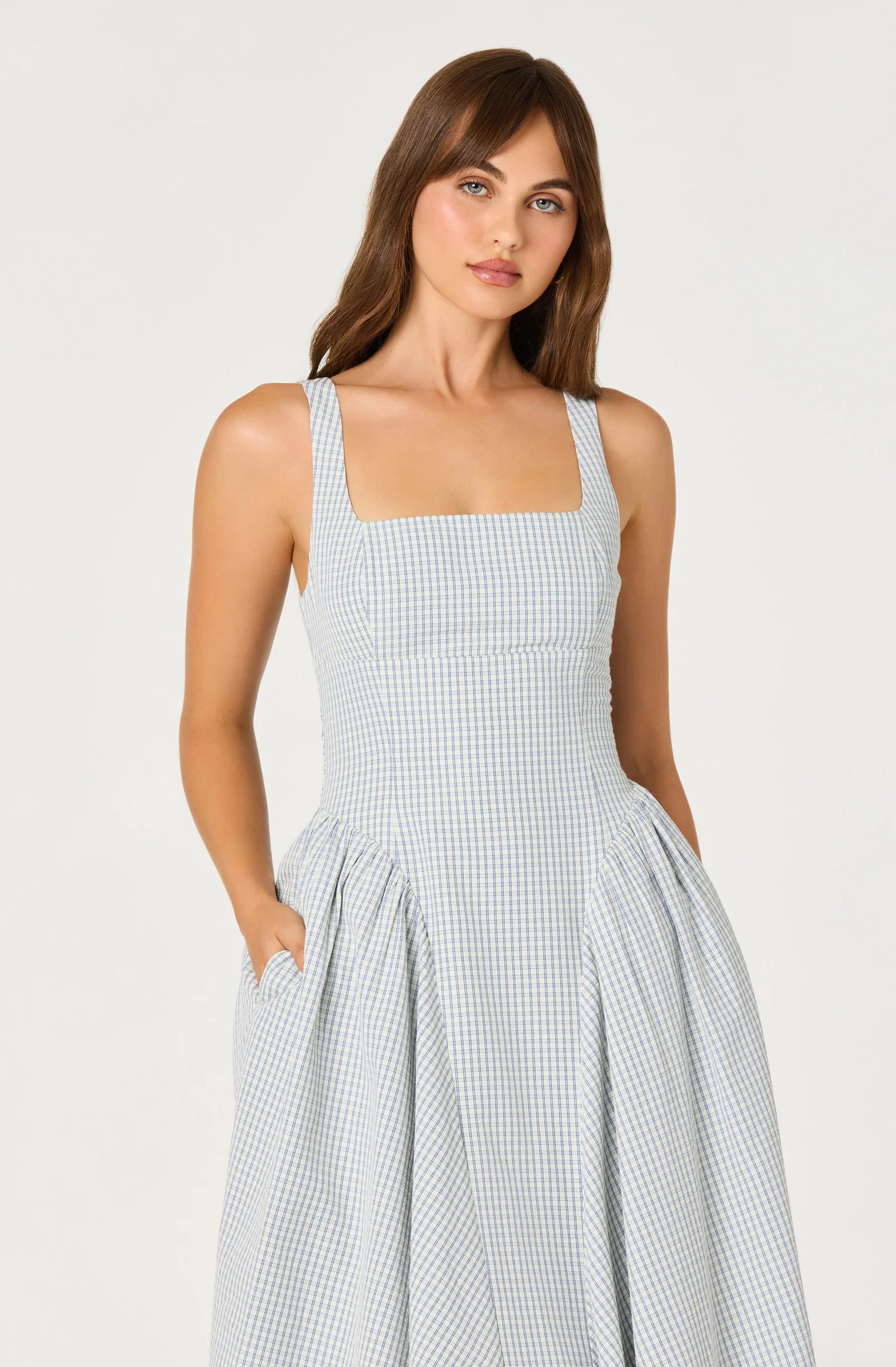 Vinya Plaid Bow-Back Midi Dress | Blue Plaid