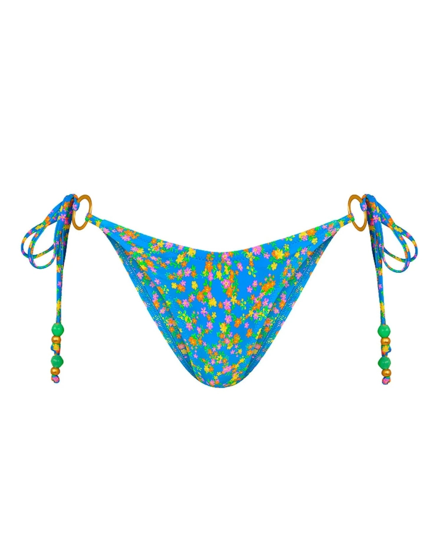 Blue bikini bottom with colorful floral pattern and green beads on straps on a white background