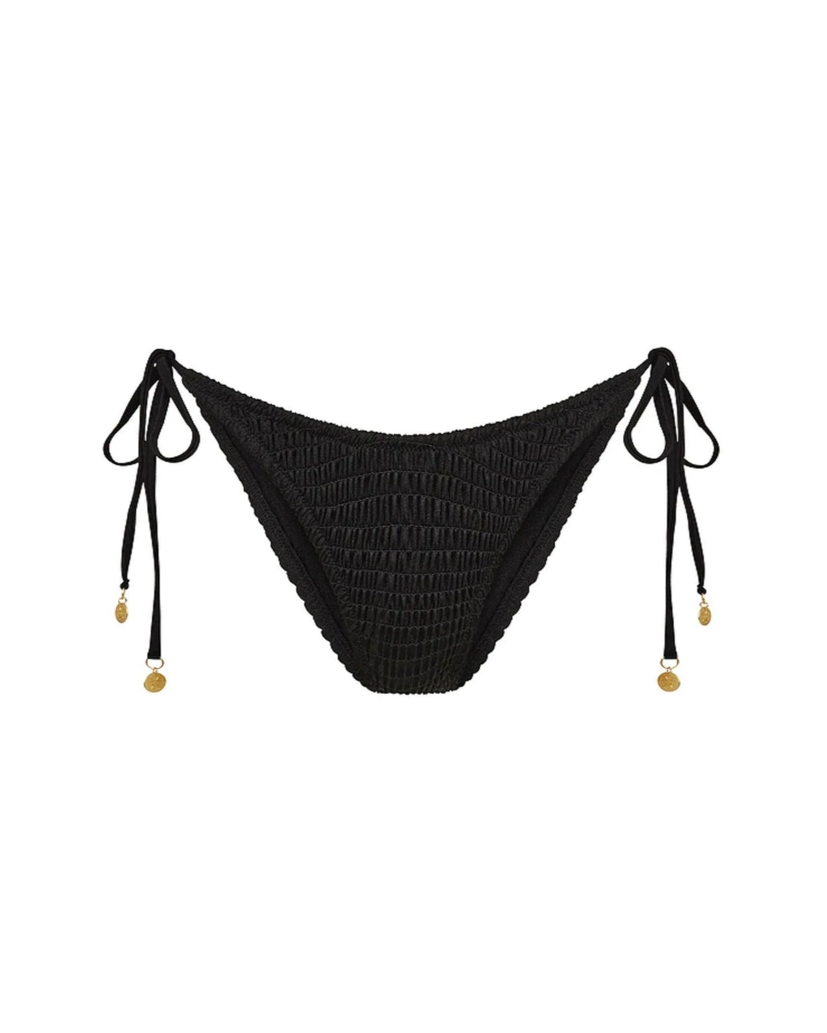 Black swimsuit bottom with gold accents on a white background