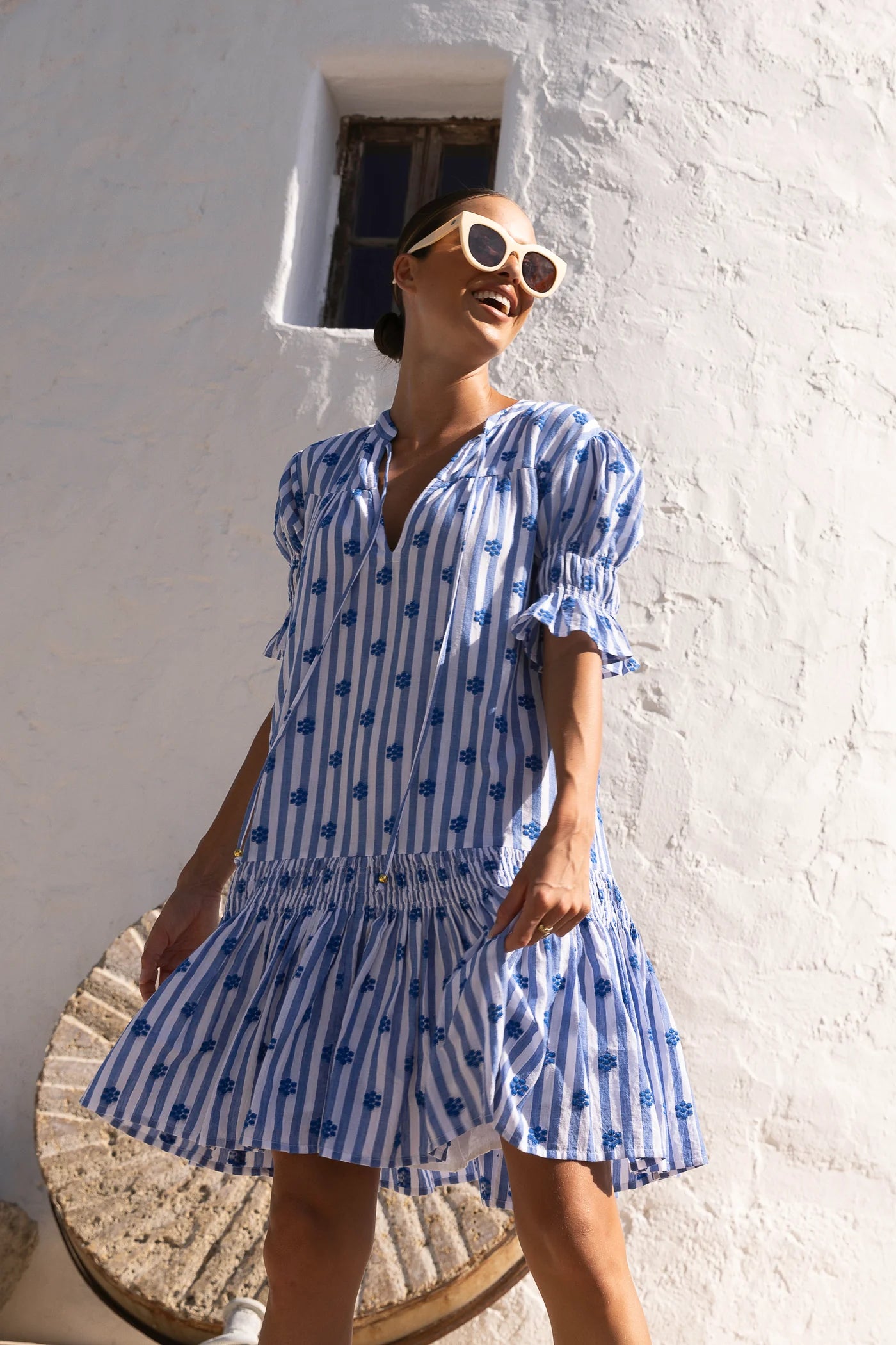 Smocked Drop Dress Mini in Capri Blue