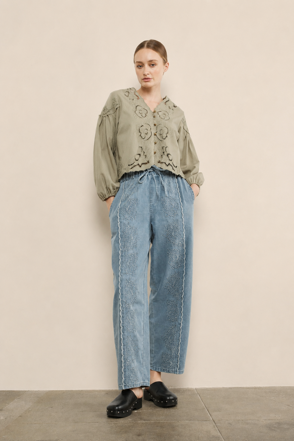 Embroidered Olive Denim Blouse