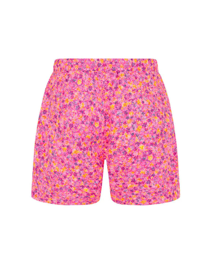 Pink floral patterned shorts on a white background