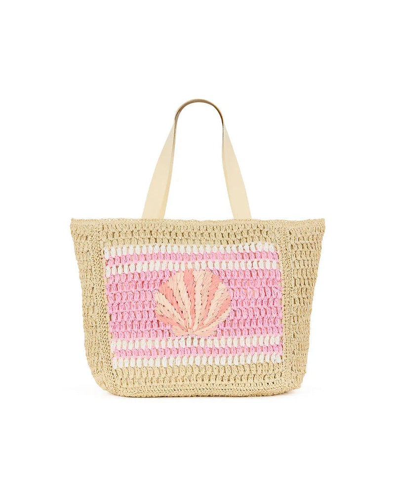 Woven tote bag with pink shell design on a white background