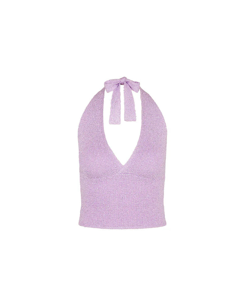 Purple halter top with tie straps on a white background