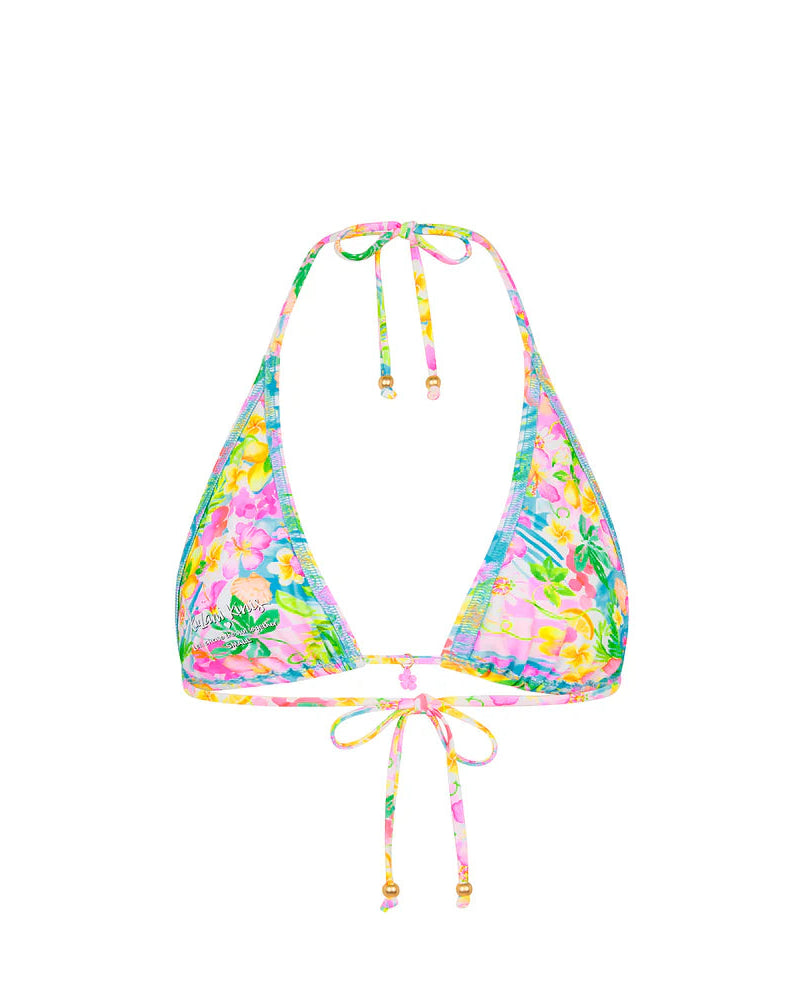 Colorful bikini top with floral pattern on a white background