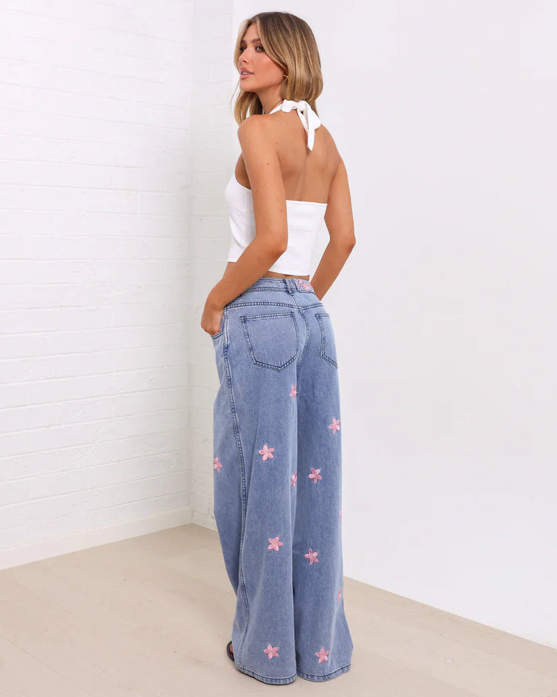 Straight Leg Embroidered Jean | Blossom Sky