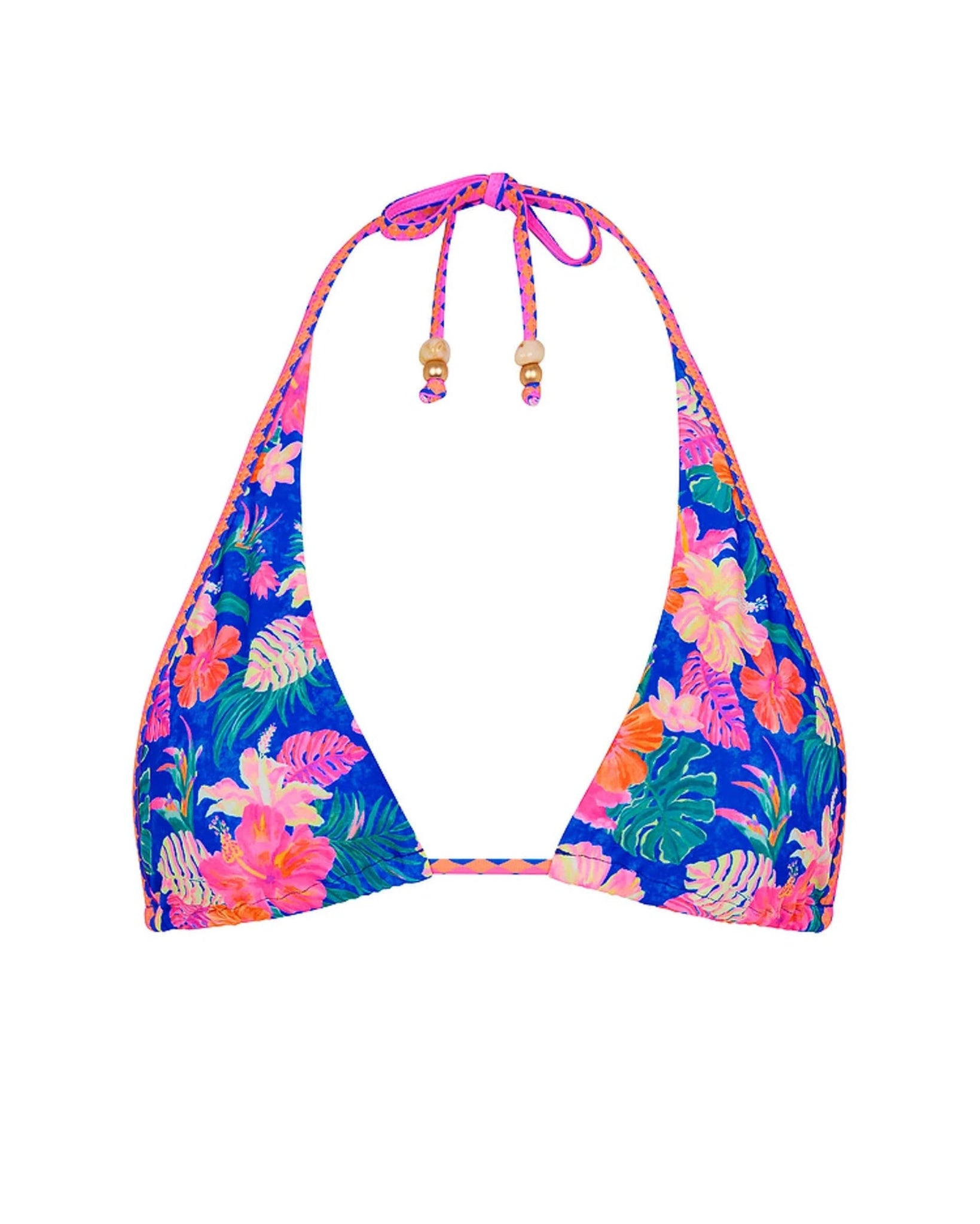 Colorful floral bikini top on a white background