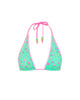 Green bikini top with pink straps and floral pattern on a white background