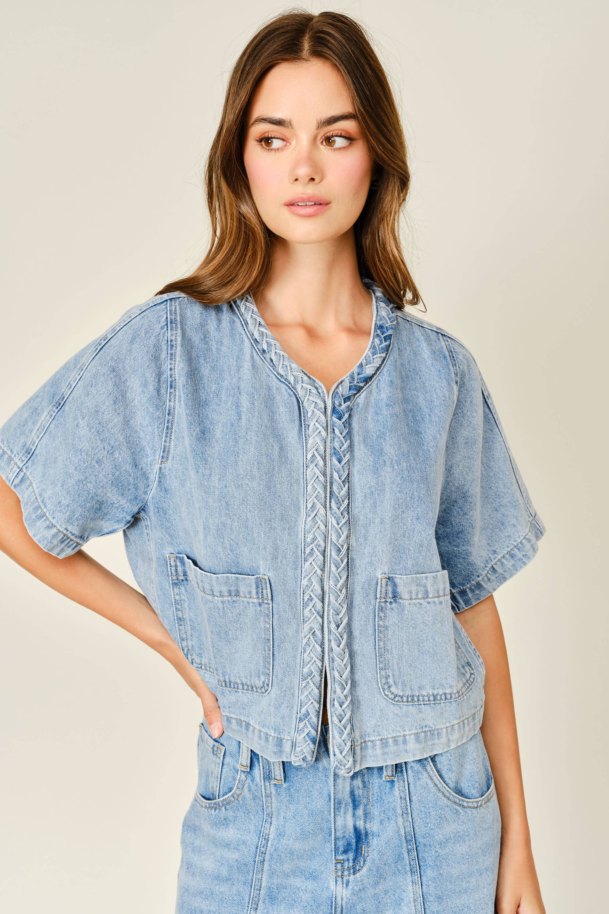 Braided Detail Denim Cardigan Top