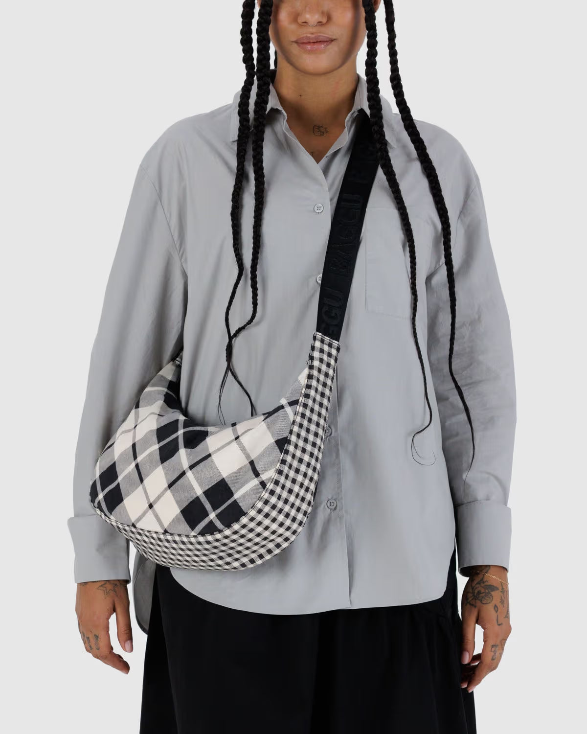 Medium Nylon Crescent Bag | Mixed Plaid