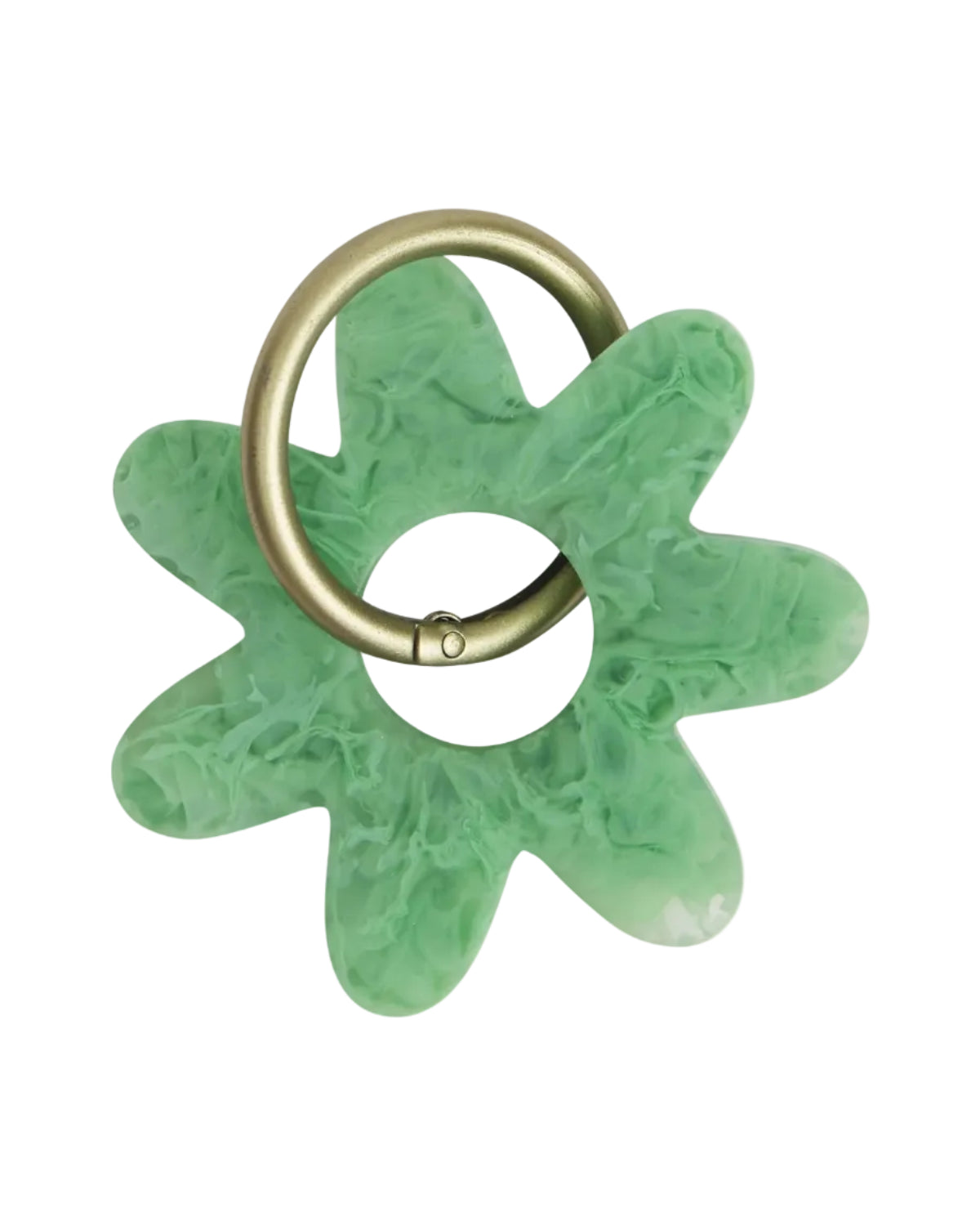 Green textured flower-shaped keychain with a gold ring on a white background