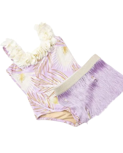 Girls Hula One Piece & Skirt Swim Set | Purple Metallic