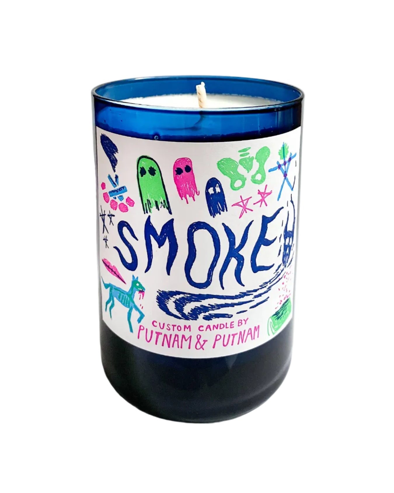 Candle with colorful label and blue rim on a white background