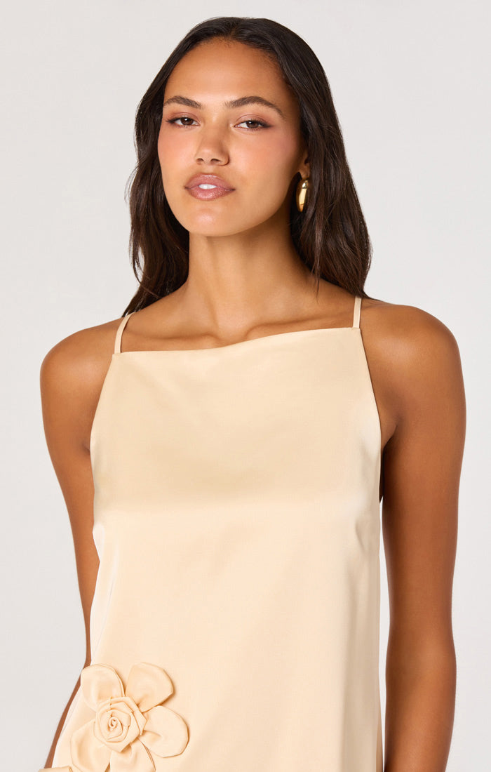 Marigold Satin 3D Floral Mini Dress | Vintage Cream