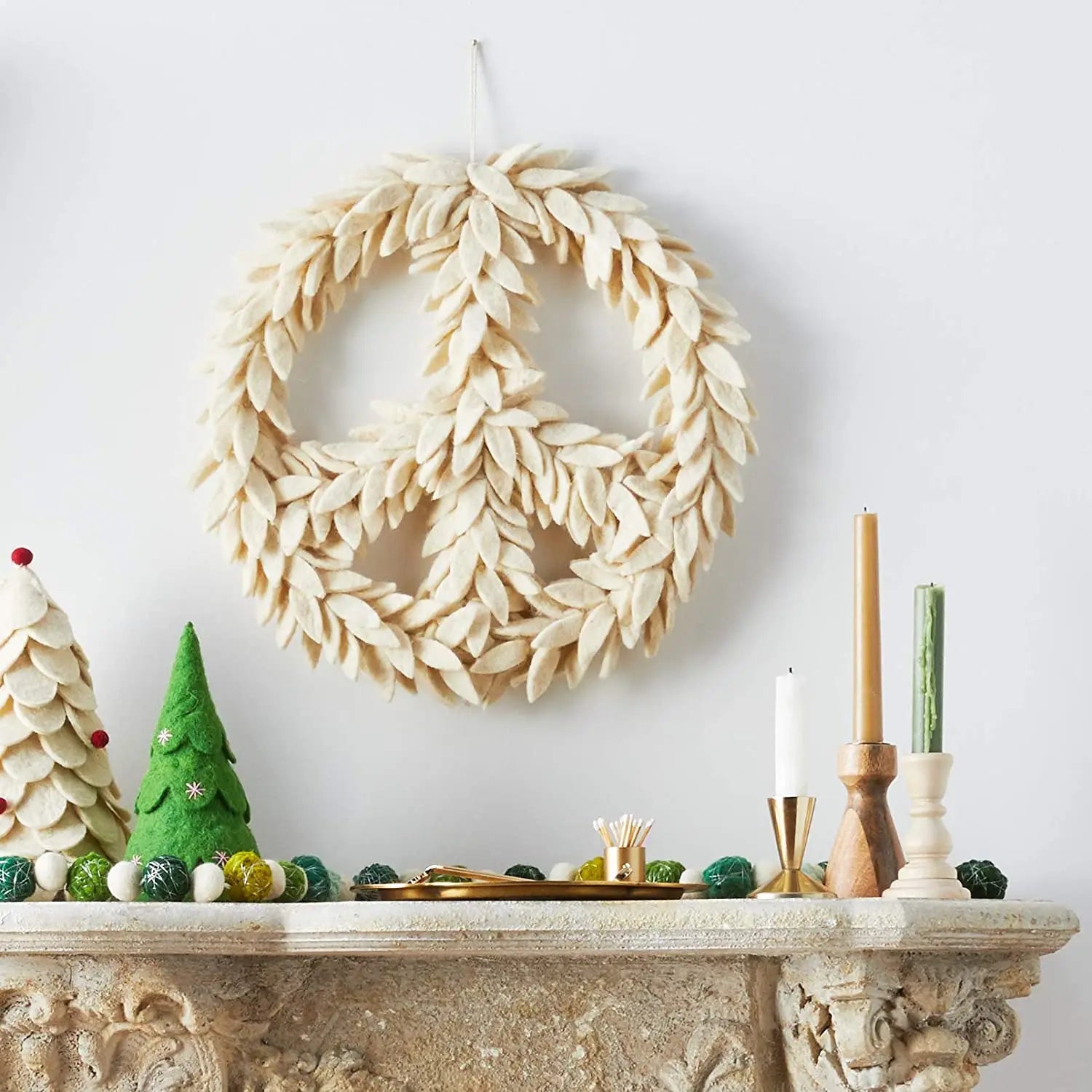 Felted Wool Wreath | Peace Symbol In Cream