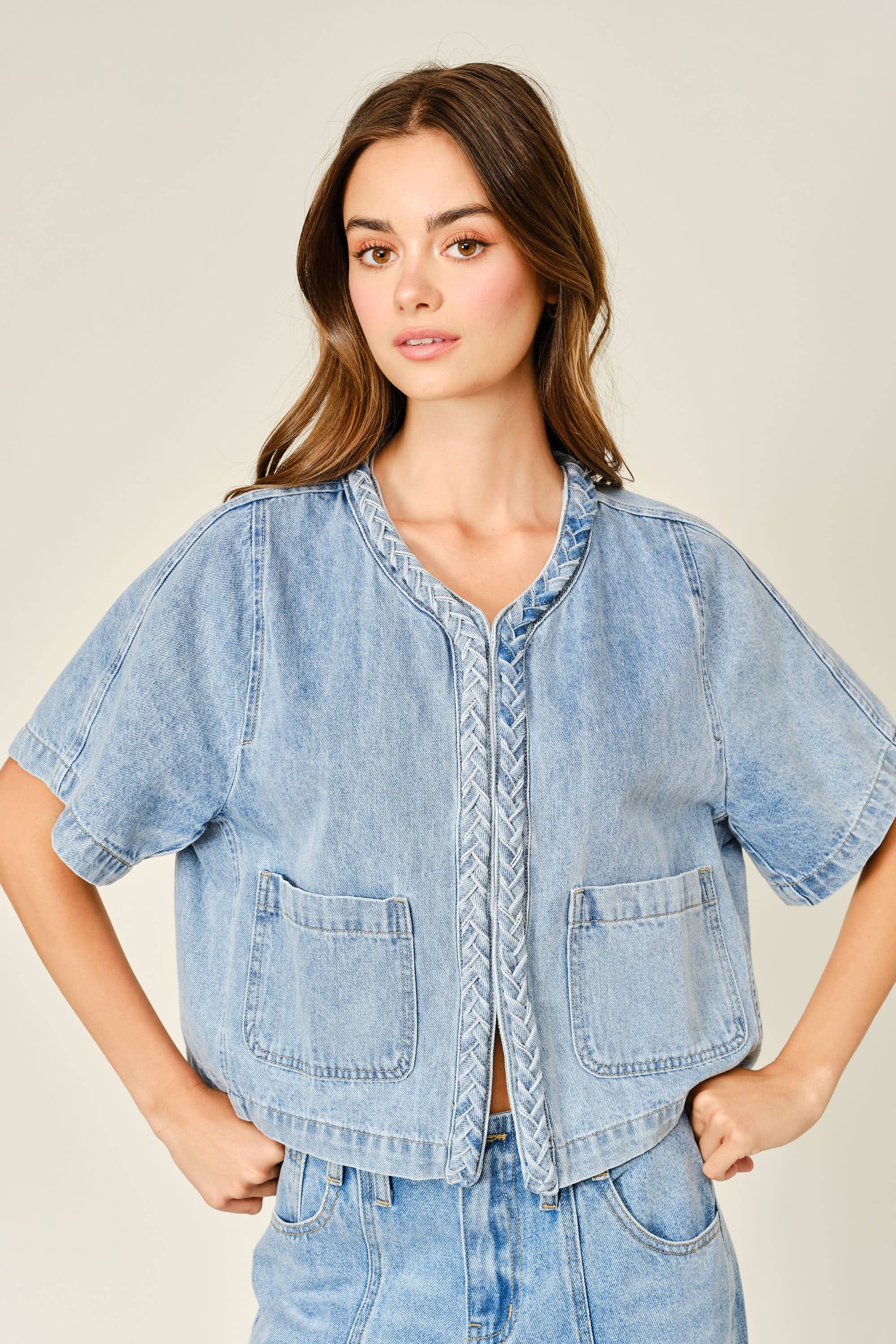 Braided Detail Denim Cardigan Top