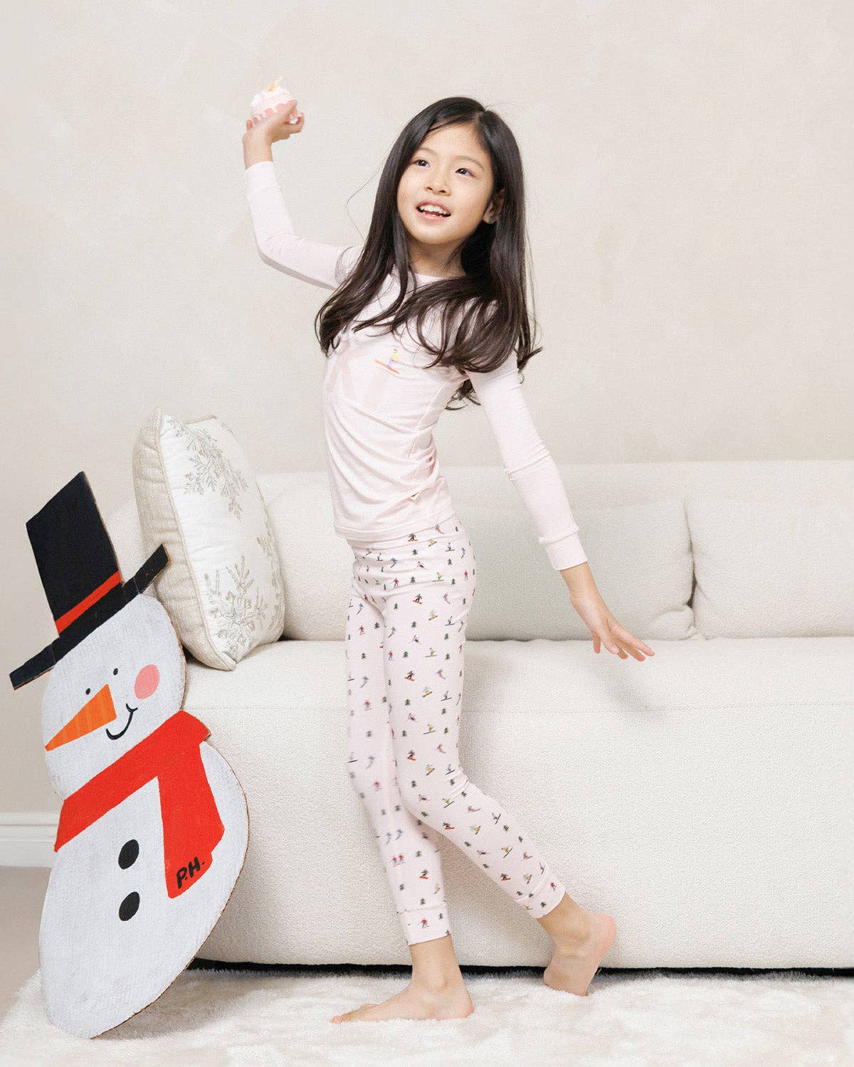 Kids Bamboo LS Printed PJs Set | Pink Ski
