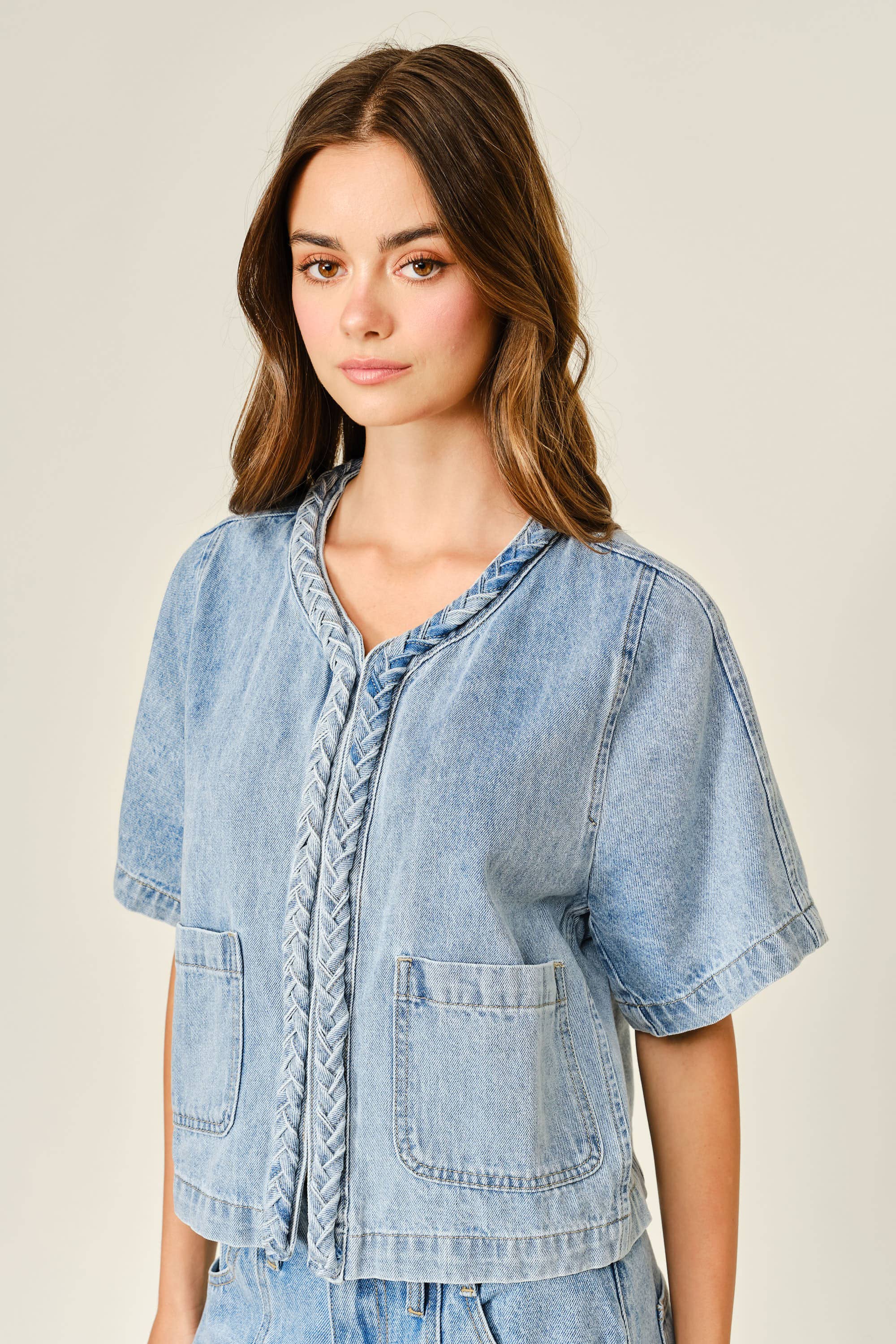 Braided Detail Denim Cardigan Top