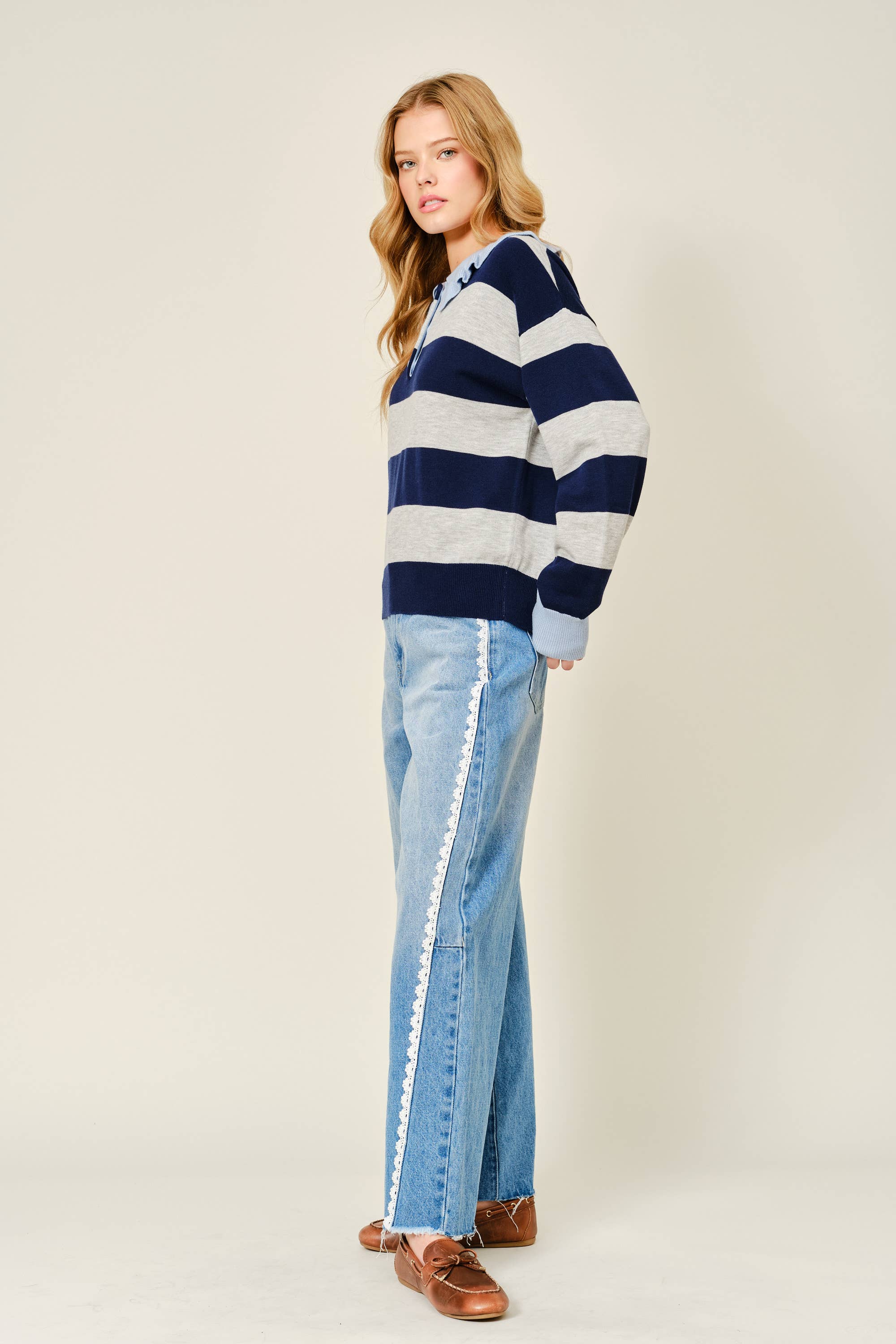 Lace Side Denim Barrel Pants