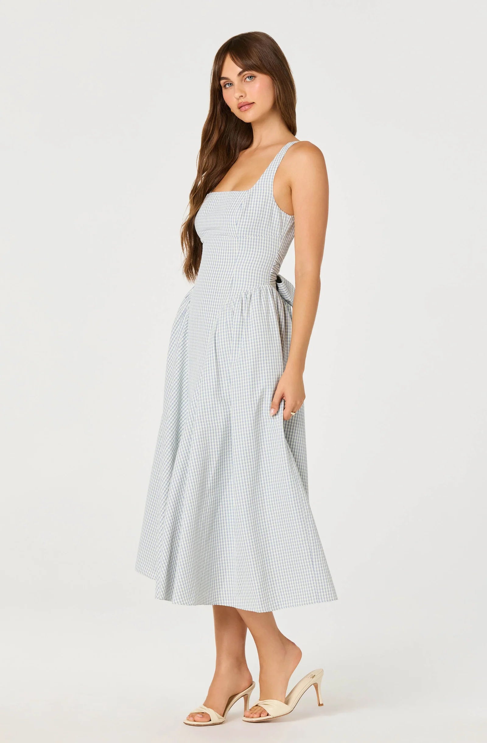 Vinya Plaid Bow-Back Midi Dress | Blue Plaid