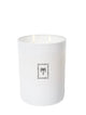 White candle with a brand logo on a white background