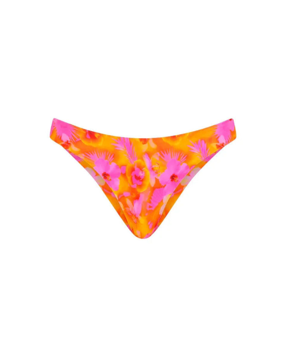 A multicolored shirred full coverage bikini bottom in shades of pink and orange.