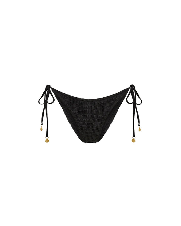 Black swimsuit bottom with gold accents on a white background
