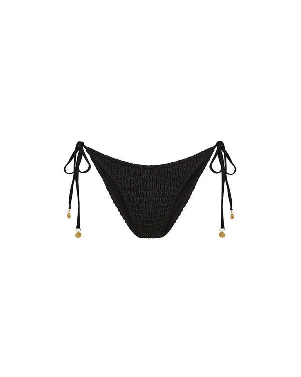 Black swimsuit bottom with gold accents on a white background
