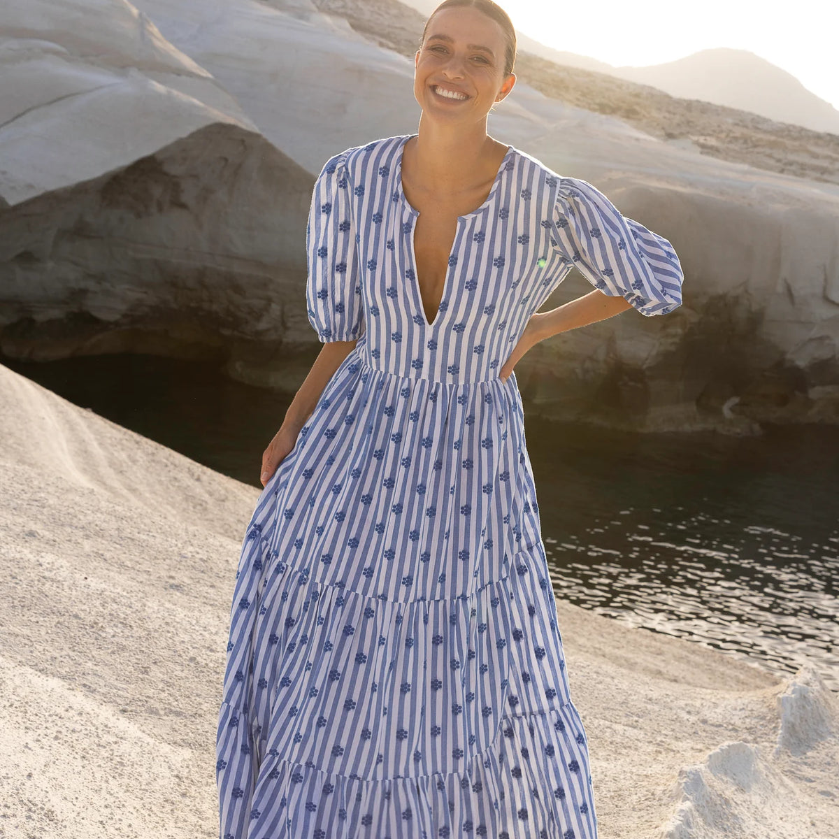 Puff Sleeve Maxi Dress in Capri Blue XXS