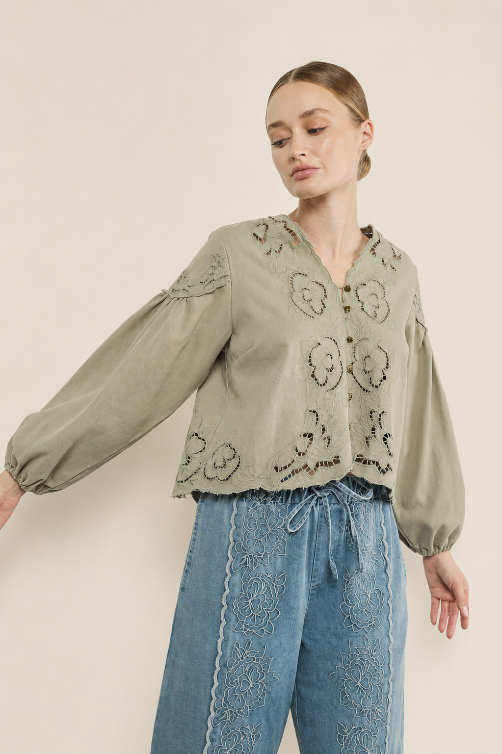 Embroidered Olive Denim Blouse
