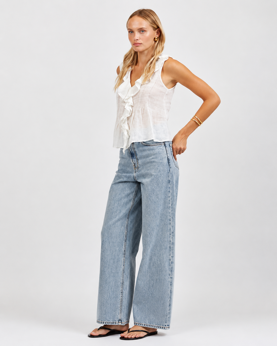 Linen Ruffle V Neck Sleeveless Top