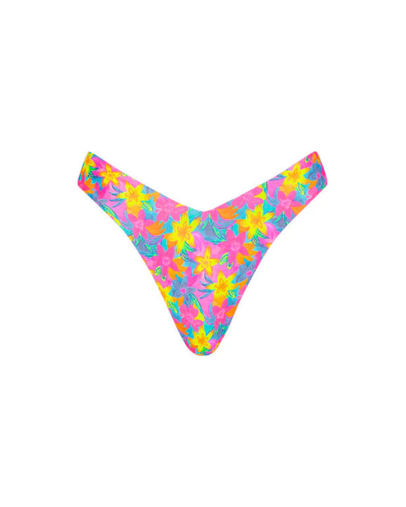 Colorful floral-patterned bikini bottom on a white background