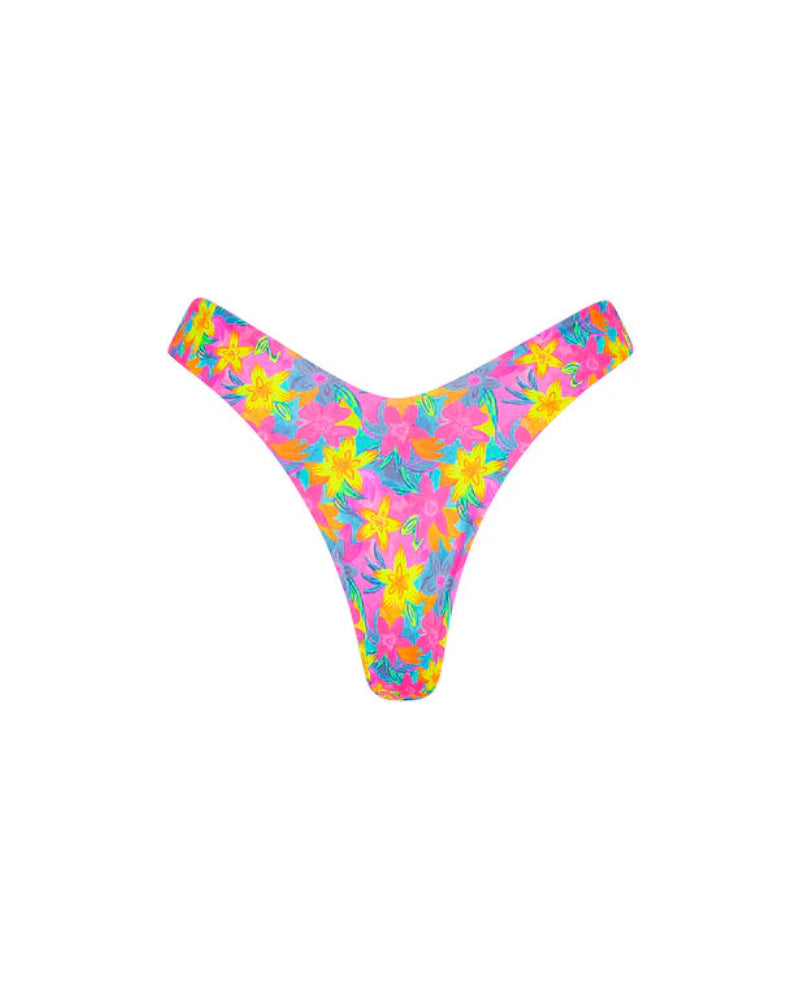 Colorful floral-patterned bikini bottom on a white background