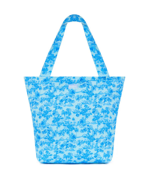 Blue floral patterned tote bag on a white background