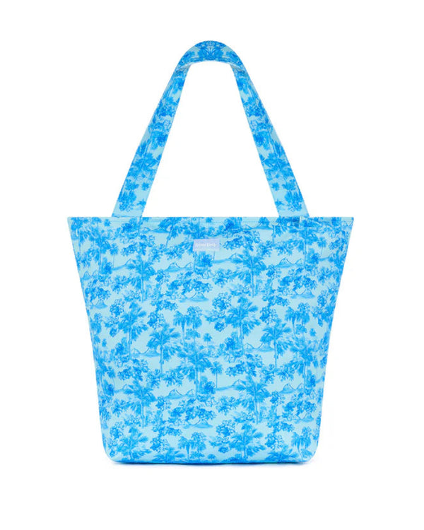 Blue floral patterned tote bag on a white background