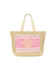 Woven tote bag with pink shell design on a white background