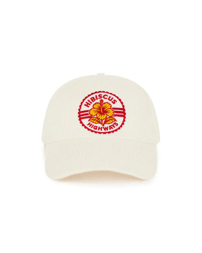 White cap with red and yellow logo on a white background