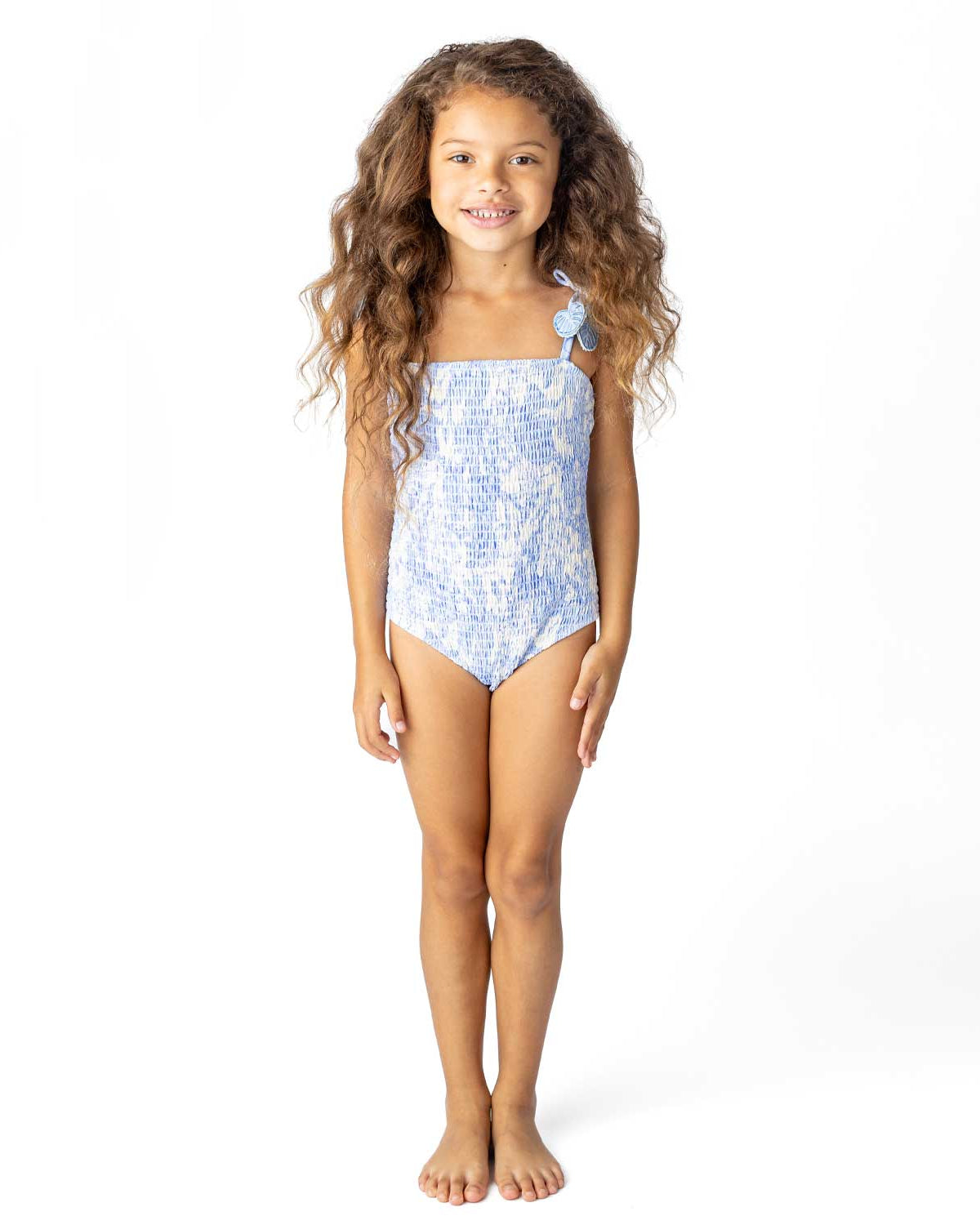 Girls Smocked One Piece Swimsuit | Tropical Blues