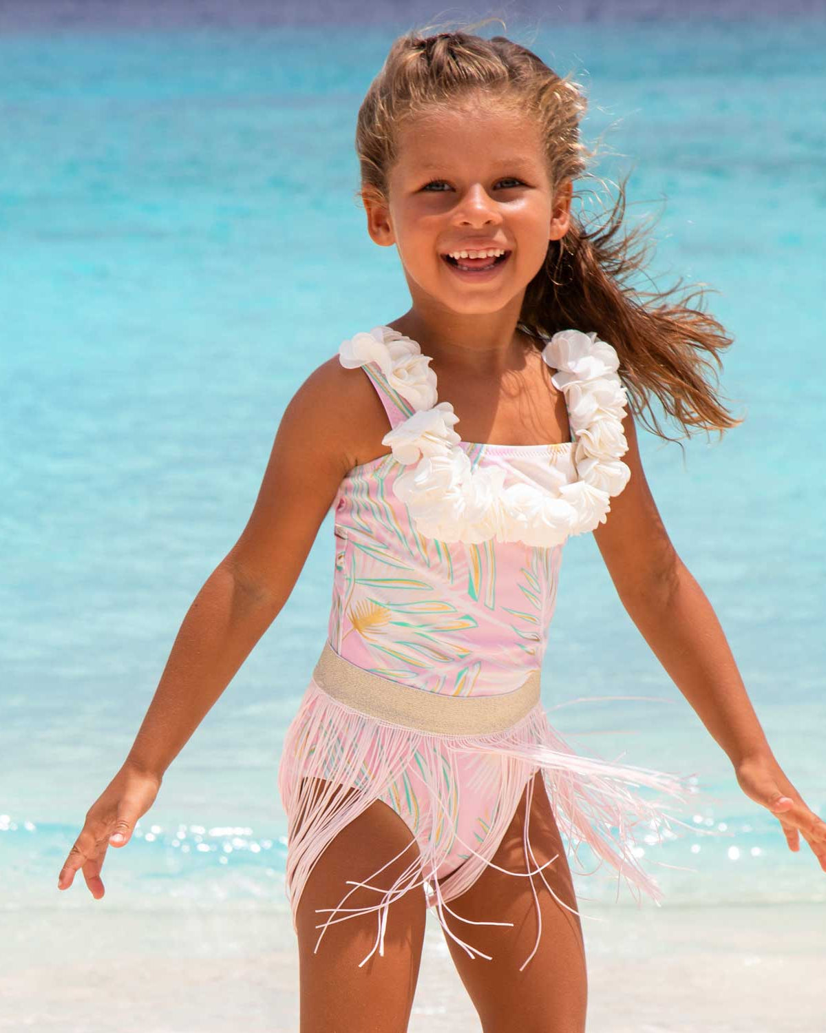 Girls Hula One Piece & Skirt Swim Set | Pink & Green Metallic