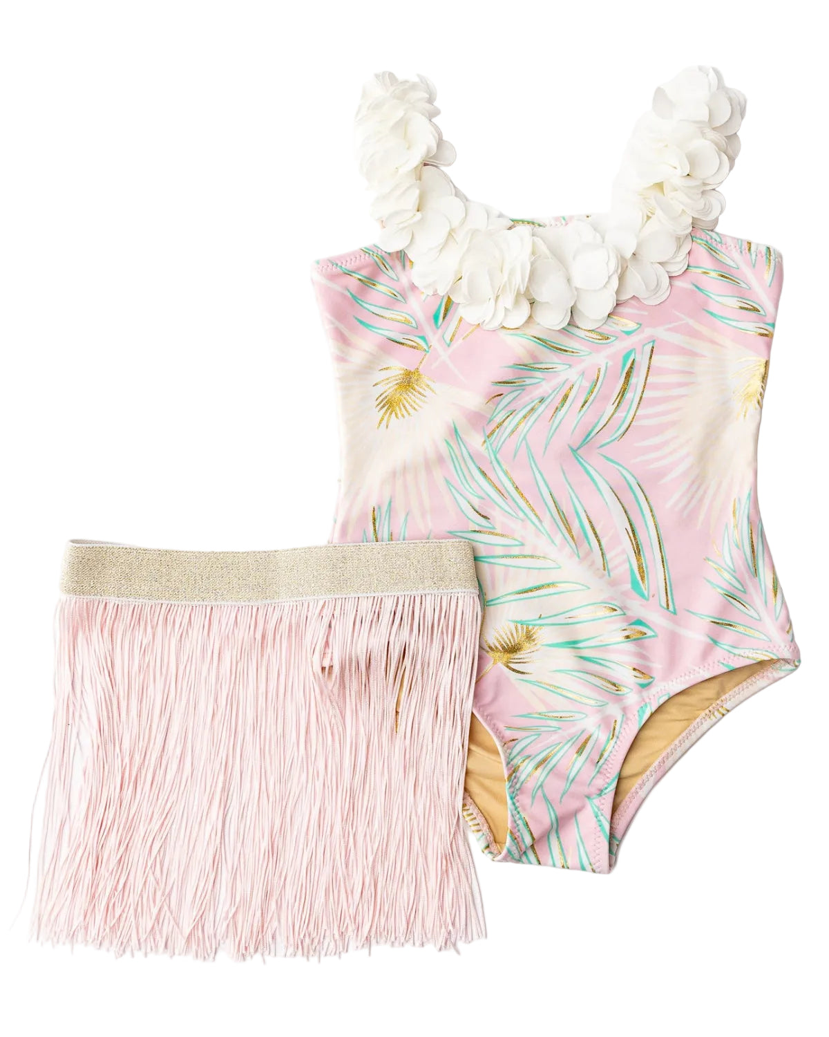 Girls Hula One Piece & Skirt Swim Set | Pink & Green Metallic