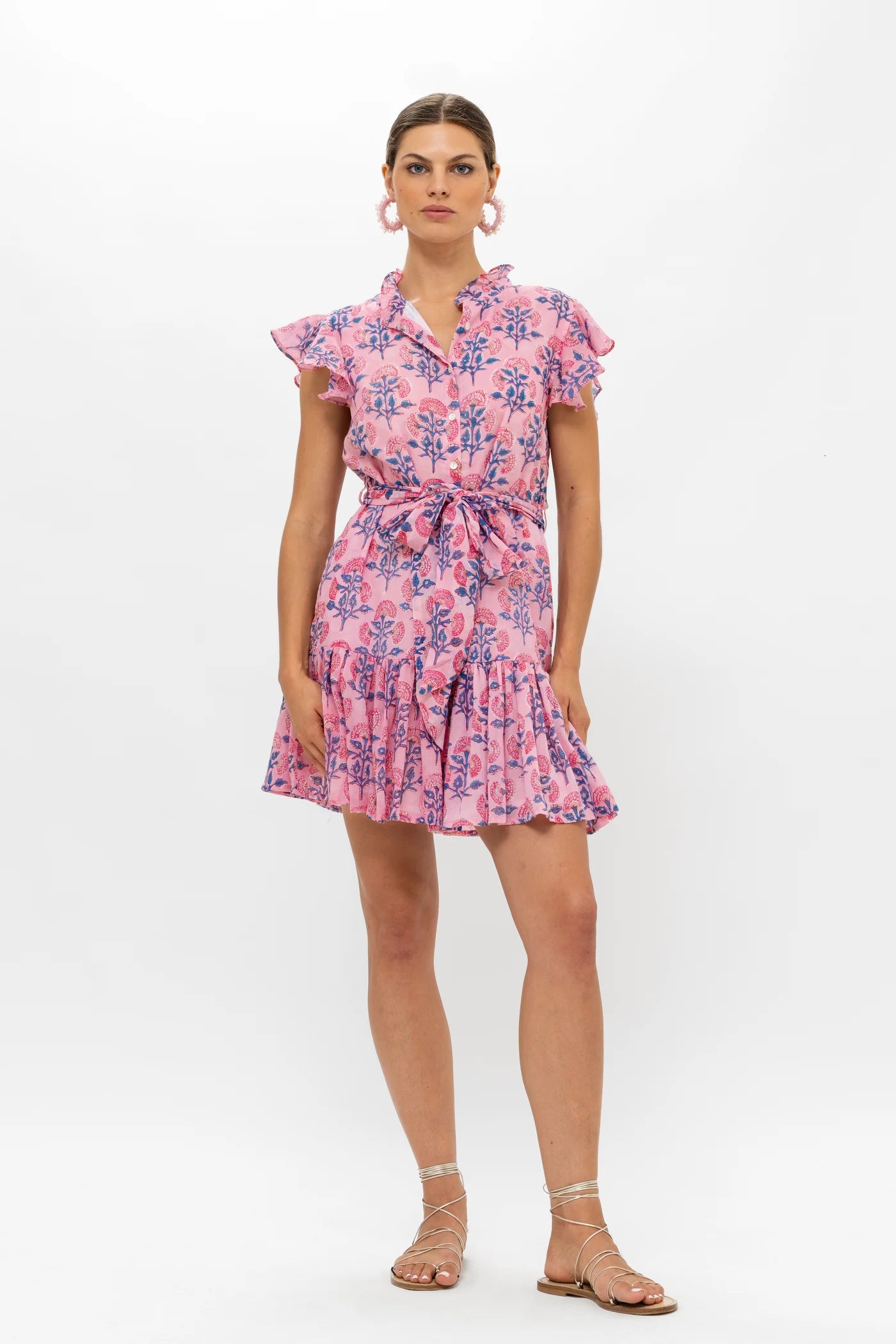 Ruffle Collar Button Mini Dress in Sconset Pink